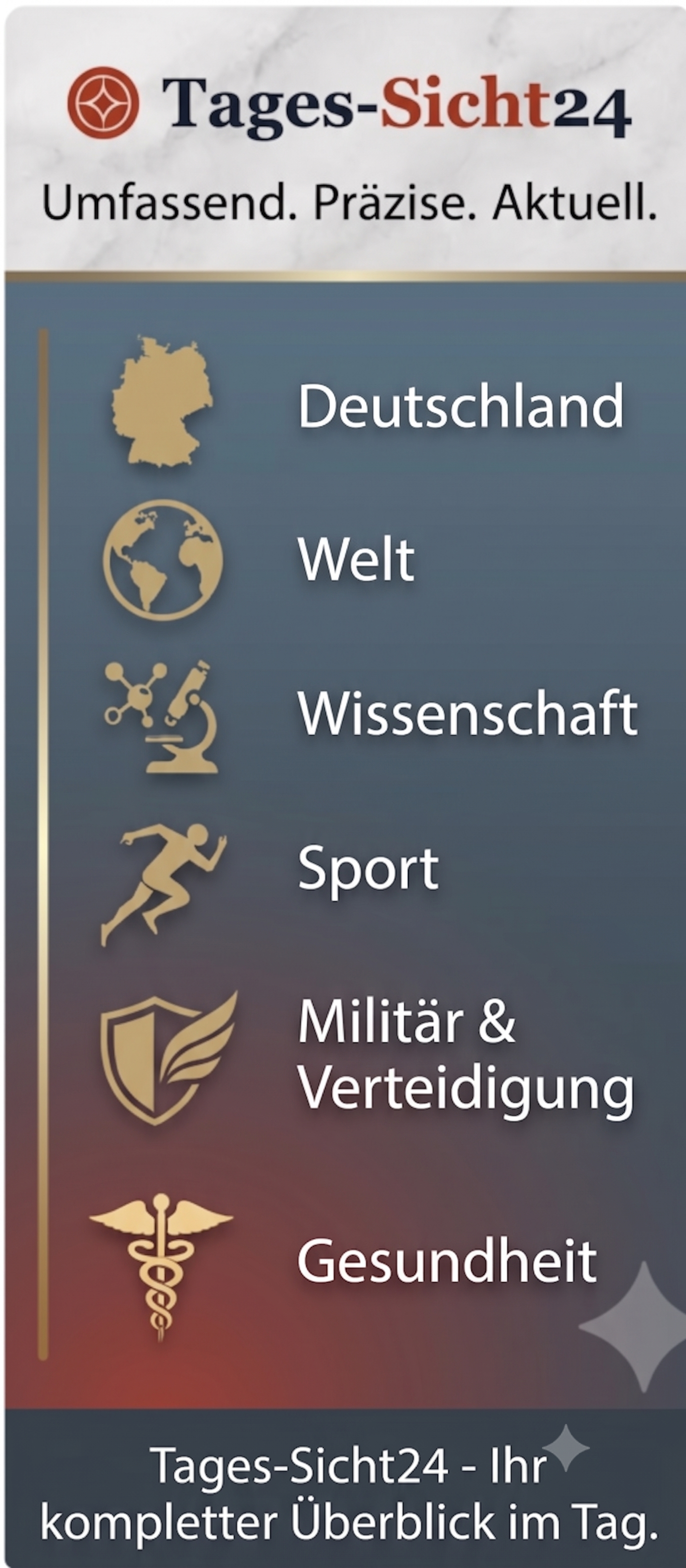 Unsere Rubriken: Deutschland, Welt, Wissenschaft, Sport, Militär & Verteidigung, Gesundheit