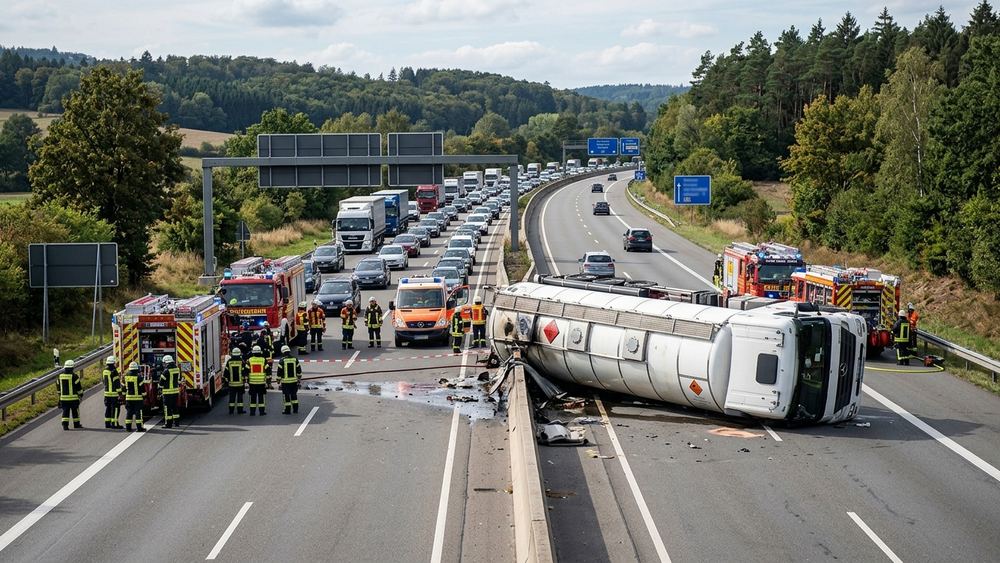 Tanklastzug kippt bei Karlsbad auf A8 um