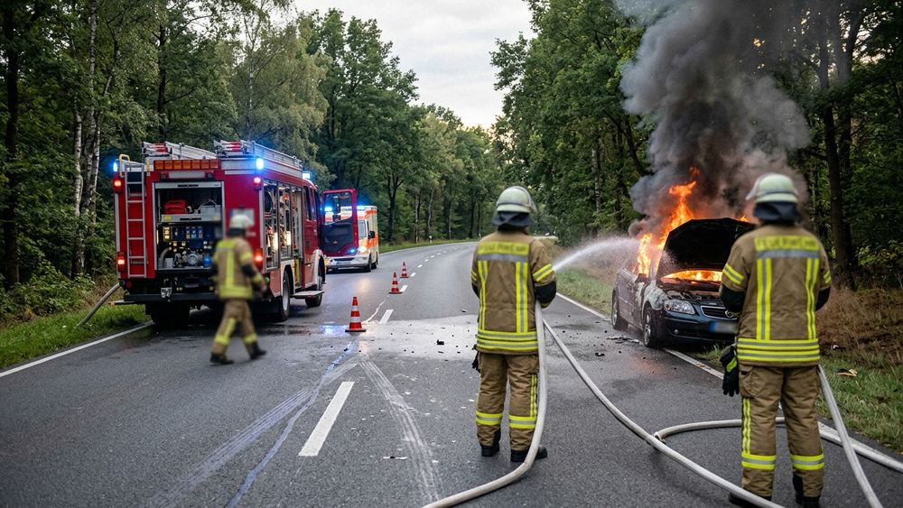 Verkehrsunfall auf K127 bei Dürrholz: Pkw gerät in Brand